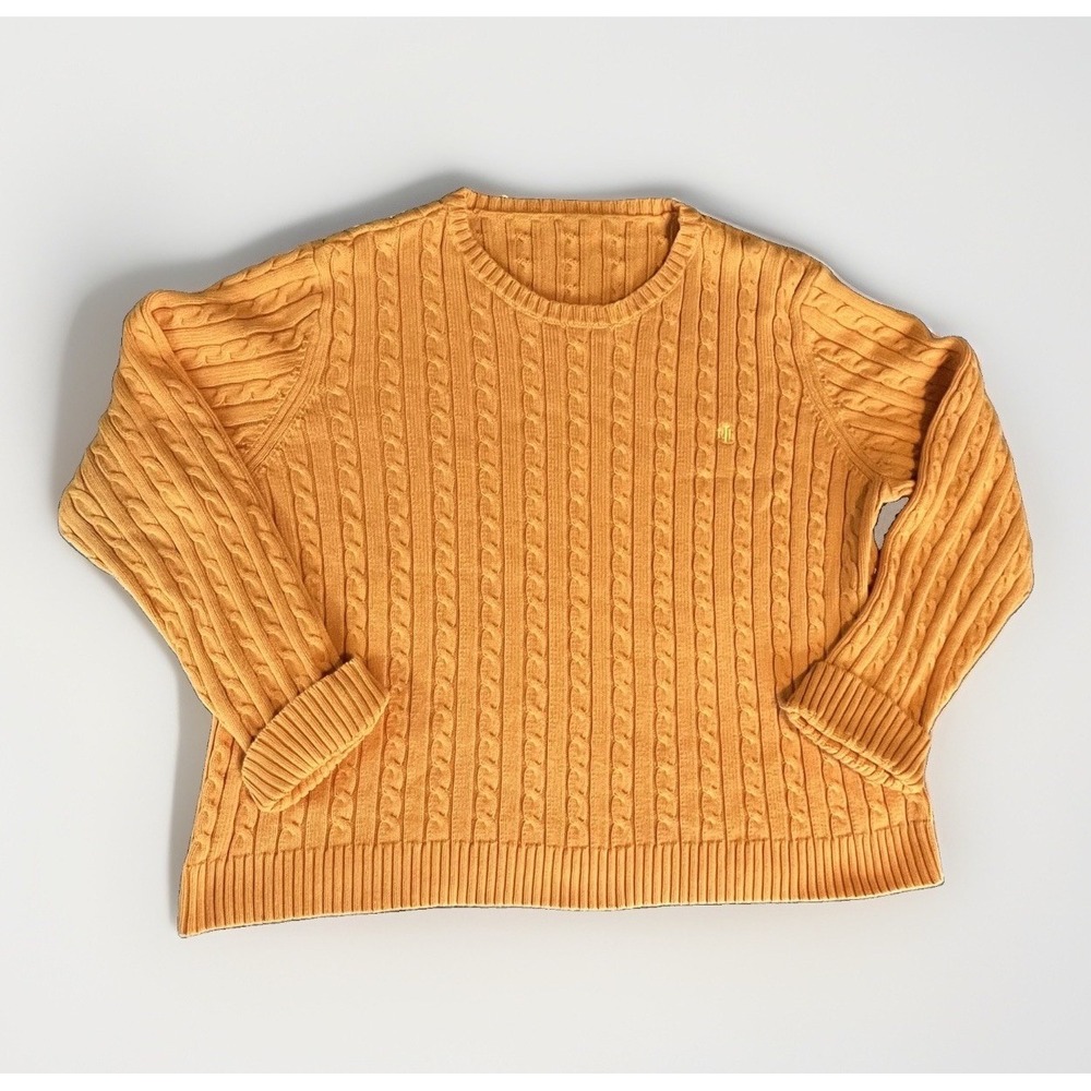 Lauren Ralph Lauren Sweater Womens Large Orange Cable Knit Crewneck Cotton Logo